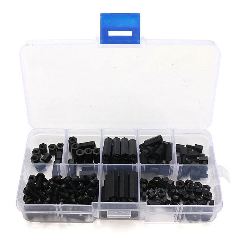 160pcs M3 Nylon Black M-F Hex Spacers Screw Nut Assortment Set 