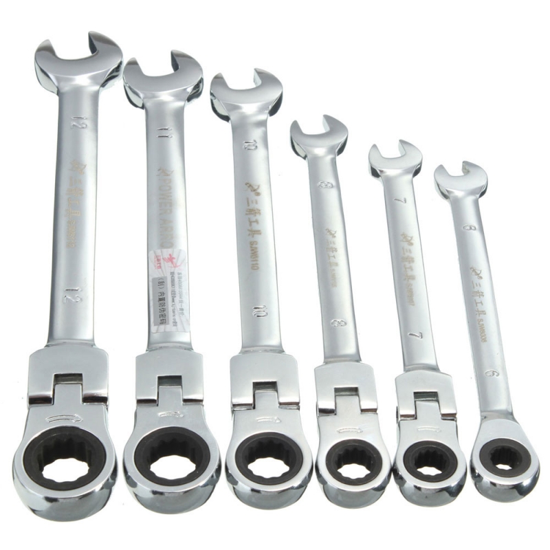 Chrome Vanadium Steel 6mm Flexible Pivoting Head Ratchet Combination Spanner Set 